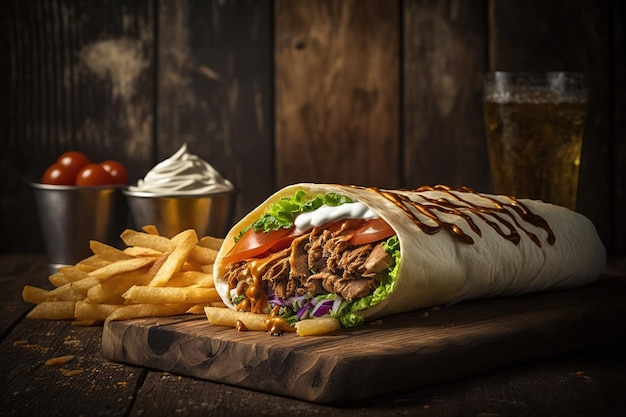 Shawarma, con erbe e verdure, su un tavolo di legno, primo piano. Shawarma sulla tavola di legno isolata.