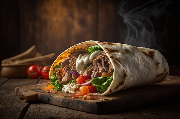 Shawarma con salsa di pollo e aglio su tavola di legno Primo piano