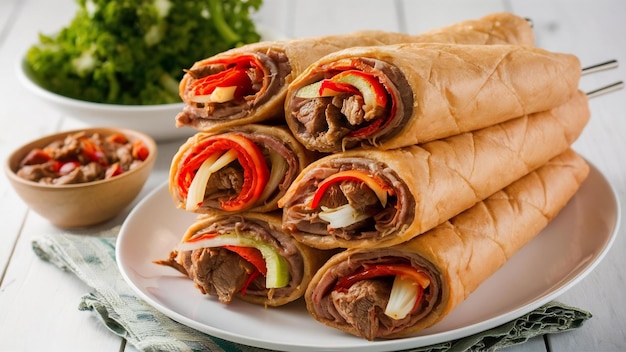 Shawarma impilato uno sopra l'altro con ripieno di carne e verdure