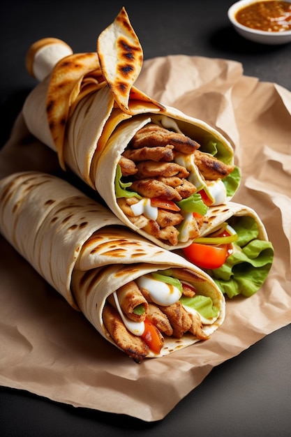 Shawarma in lavash grigliato sul tavolo fast food Kebab burrito