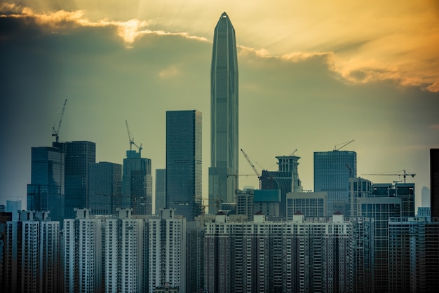 Shenzhen città architettura, tramonto, Cina