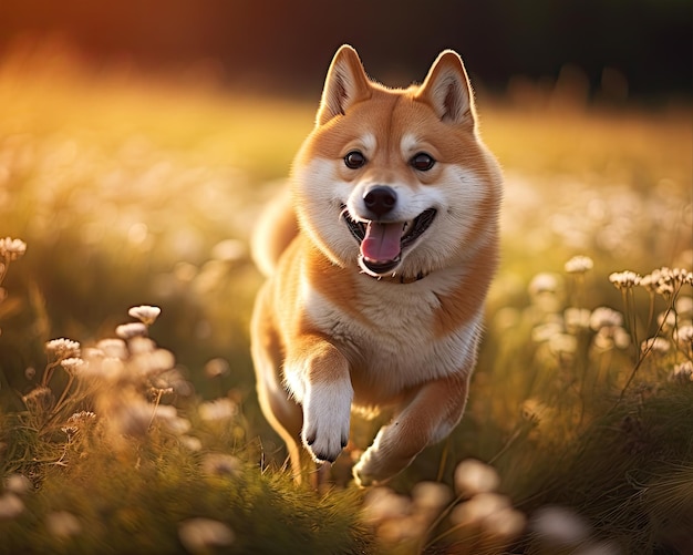 shiba che corre sulla luce del mattino del prato erboso