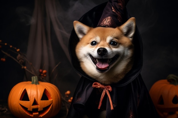 Shiba Dog è una strega Shiba in costume di Halloween AI generativa