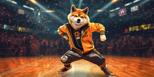 Shiba inu Cane giapponese che indossa un abito hip-hop che balla Bboy sul palco Generative Ai