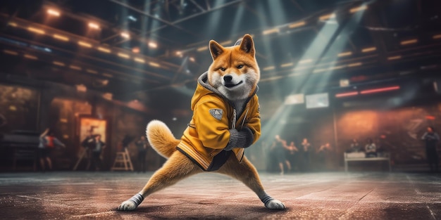 Shiba inu Cane giapponese che indossa un abito hip-hop che balla Bboy sul palco Generative Ai