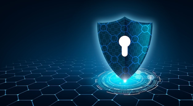 Shield with key inside on blue background The concept of cybersecurity the Internet