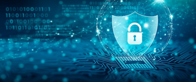 shield with padlock icon cyber attack block cyber data and information privacy concept