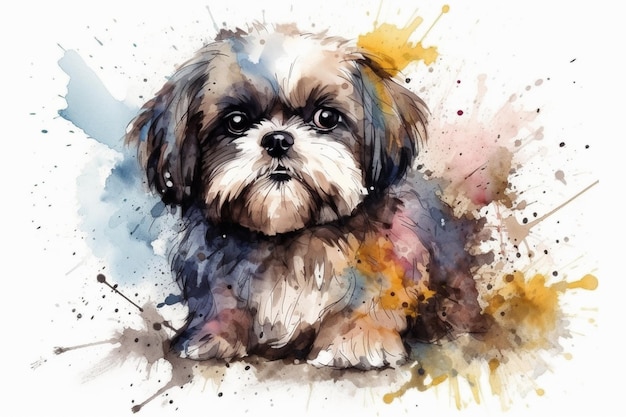 Shih tzu adorabile illustrazione dell'acquerello del cucciolo di cane con macchie di colore tutte le razze di cani