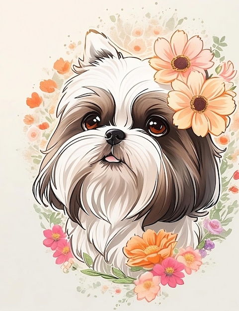 Shihtzu sveglio con l'illustrazione dei fiori