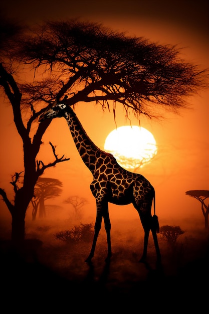 Shilhouette di una giraffa che mangia foglie di alberi alti nella savana africana al tramonto con il sole gigante