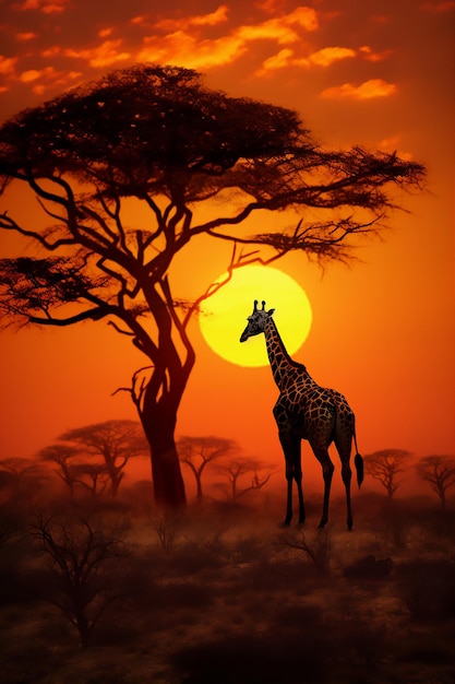 Shilhouette di una giraffa che mangia foglie di albero nella savana africana al tramonto con il sole gigante