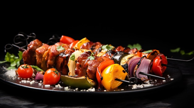 Shish kebab alla griglia con verdure su nero