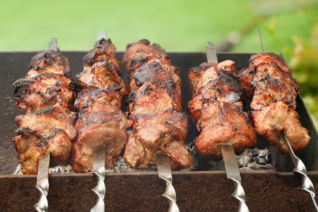 Shish kebab appetitoso di carne fresca (shashlik) preparato su una griglia