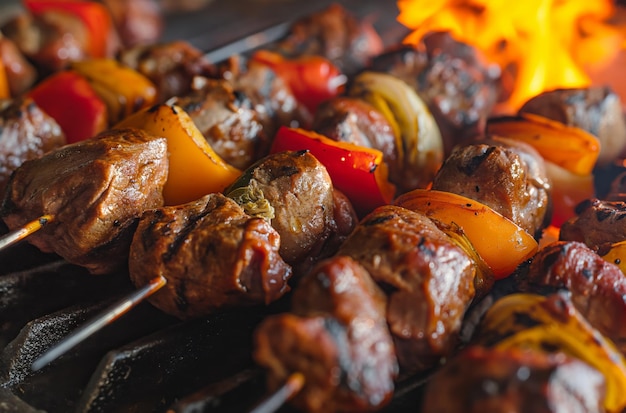 Shish kebab bollente su una griglia ardente