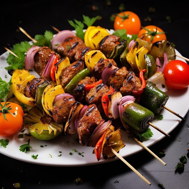 Shish kebab, carne e verdure alla griglia e bistecche di manzo