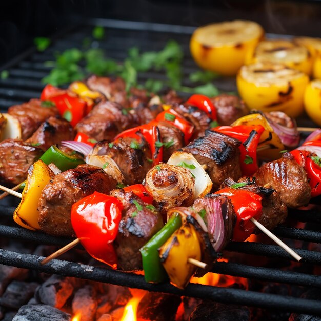 Shish kebab, carne e verdure alla griglia e bistecche di manzo