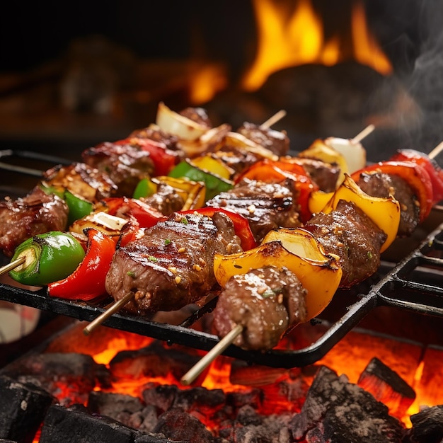 Shish kebab, carne e verdure alla griglia e bistecche di manzo