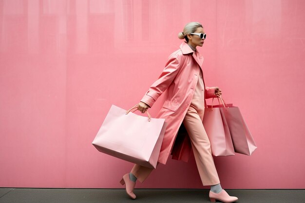 Shopper alla moda in giacca rosa AI generativa