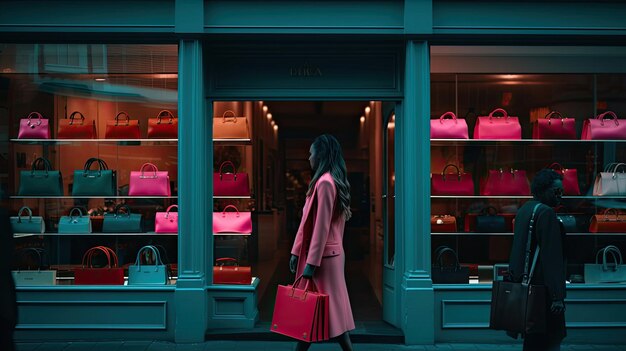 Shopper solitaria con borse rosa vivido e verde acqua raggianti di felicità