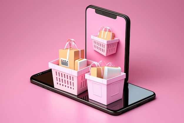 Shopping 3D cestini per la spesa aziendali online e smartphone con cassetta dei pacchi per la consegna online nel supermercato del carrello della spesa Genera ai