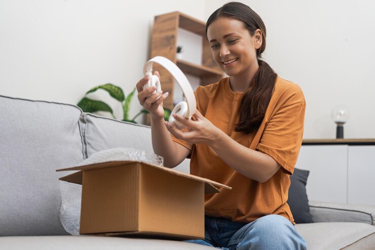 Shopping addicted woman unboxing new parcel with gadget headphones rapid express online shopping