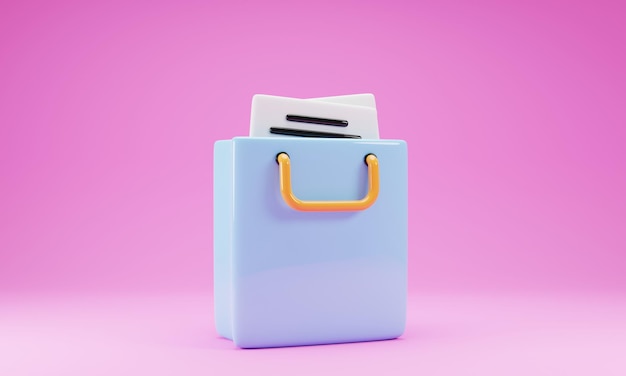Shopping bag con icona foglio di carta isolata su sfondo rosa 3d rendering illustrazione