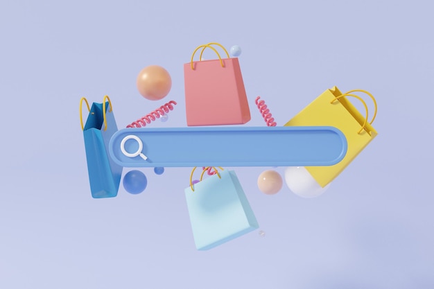 Shopping bag e barra di ricerca shopping online concetto sfondo pastello stile minimal sconto promozione vendita banner sito Web rendering 3d illutration