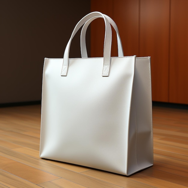 Shopping bag in carta bianca vuota su sfondo gary Mock up rendering 3D