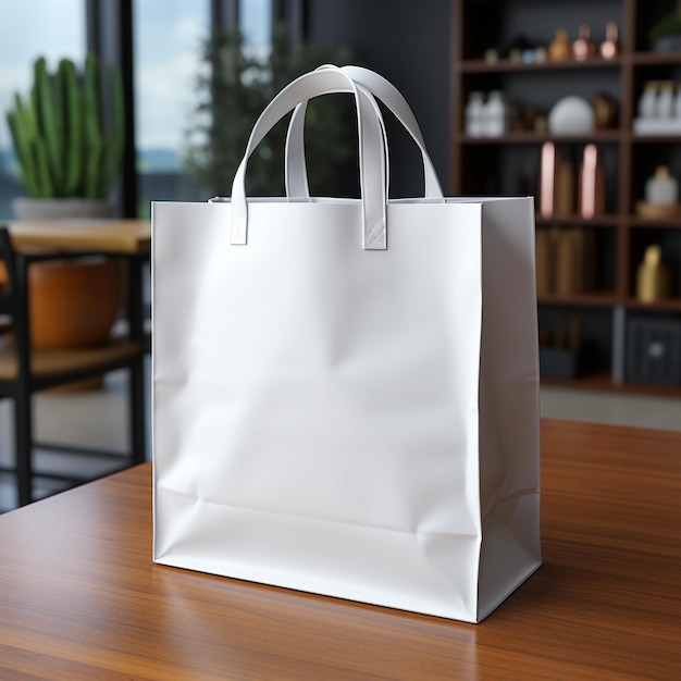 Shopping bag in carta bianca vuota su sfondo gary Mock up rendering 3D