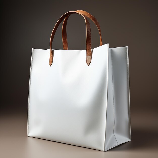 Shopping bag in carta bianca vuota su sfondo gary Mock up rendering 3D