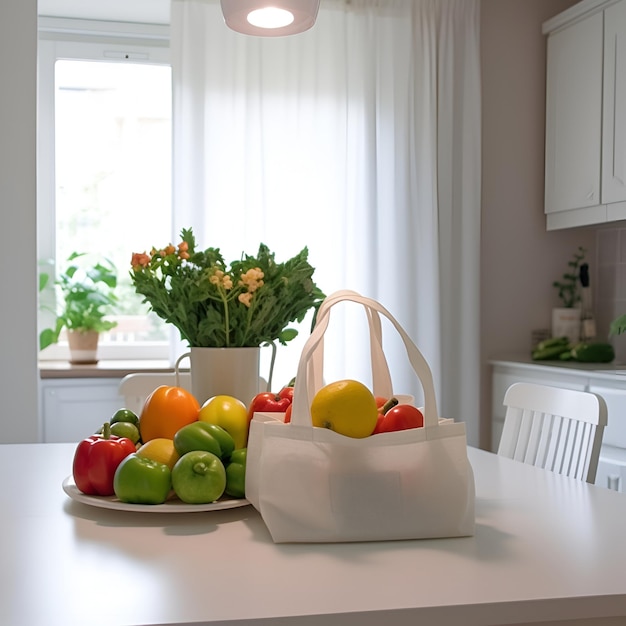 Shopping bag in tessuto pieno di frutta e verdura sul tavolo in cucina