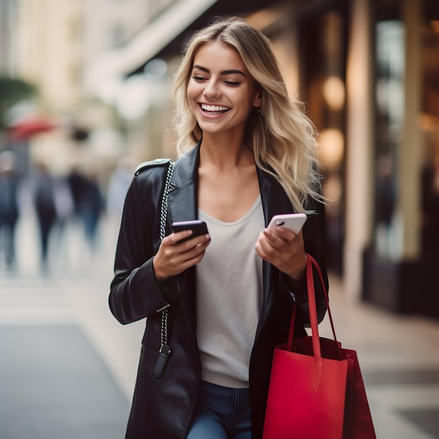 Shopping Black Friday Technology Donna con le borse della spesa sta usando uno smartphone e sorride