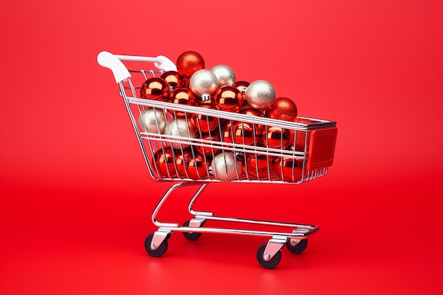 Shopping card piena di palle di Natale Carrello del supermercato con decorazioni per le vacanze invernali Concetto minimo di vendita di Natale e Capodanno Carrello della spesa in miniatura con giocattoli di Natale Carrello della spesa giocattolo