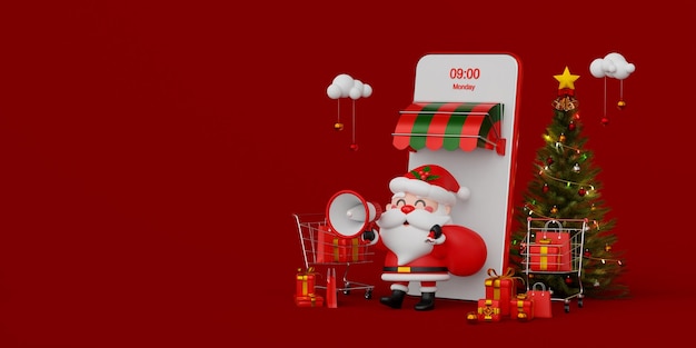 Shopping di Natale online sul concetto mobile Babbo Natale con megafono con confezione regalo