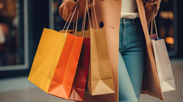 Shopping felice Donna irriconoscibile che tiene borse della spesa multicolori con Generative AI Tech