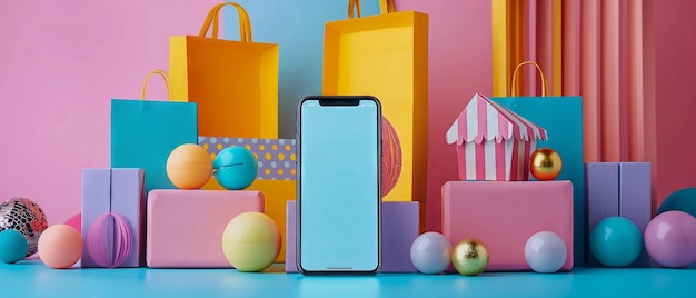 Shopping online tramite applicazione mobile scena globale di negozio online lato destro spazio di copia