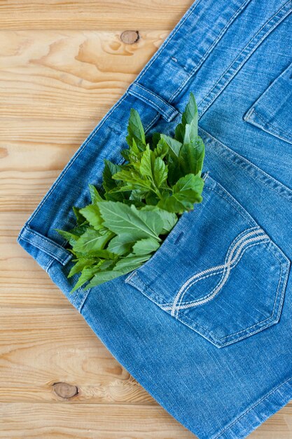 Shorts in denim blu con foglie verdi in tasca su fondo in legno. Foto di alta qualità.