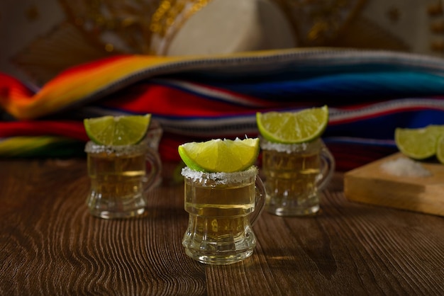 Shot di tequila con sale e lime su un tavolo da bar Shot di tequila ed elementi tipici messicani