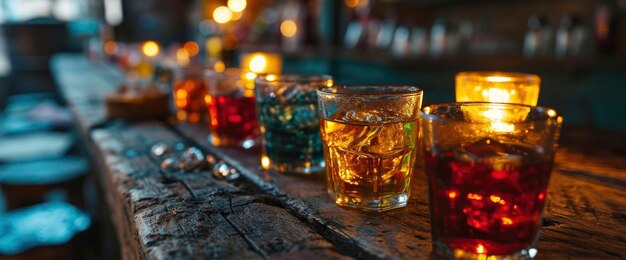 Shot Glasses allineati su una barra di legno HD Background Wallpaper Desktop Wallpaper