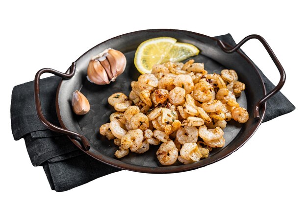Shrimp alla griglia gamberetti con olio d'oliva all'aglio e limone in vassoio sullo sfondo bianco isolato