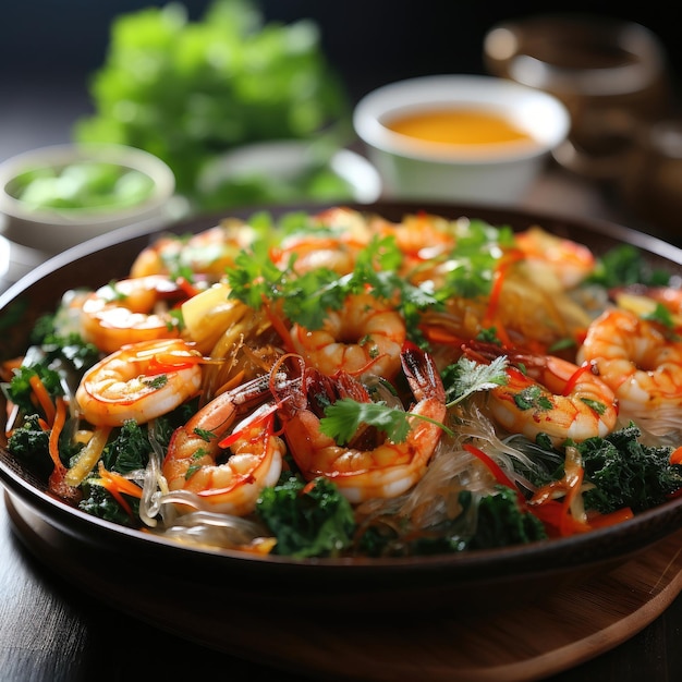Shrimp Chow Fun Stirfried flat rice noodles con germogli di fagioli di gambero Cucina cantonese