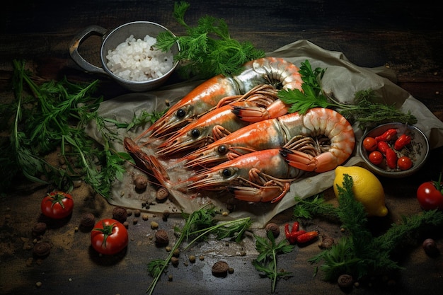 Shrimp freschi di frutti di mare con erbe e limone