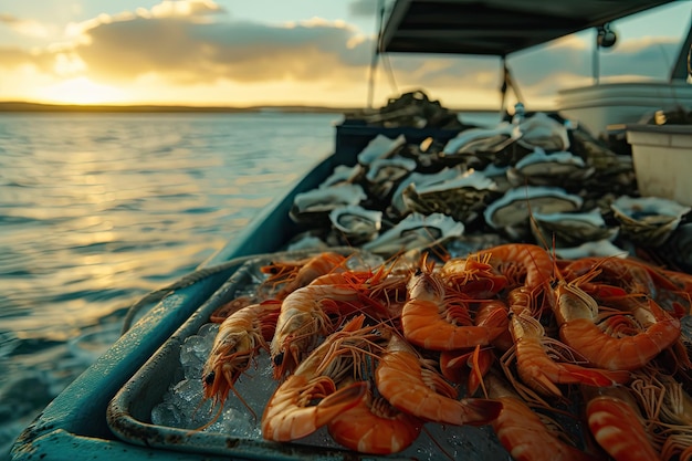 Shrimpoysterscrabs su una barca in mare