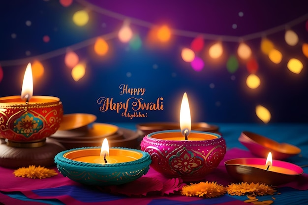 Shubh happy diwali celebrazione poster design con lampada a olio realistica accesa diya generata da ai