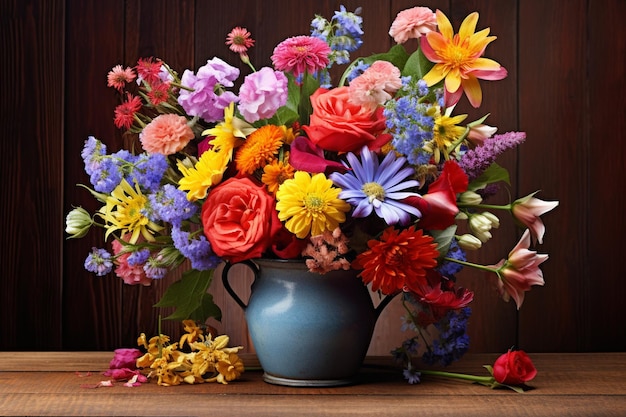 Si genera un bouquet fresco di fiori multicolori su un tavolo di legno