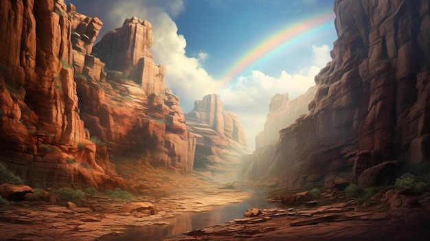 si vede un arcobaleno nel cielo sopra un canyon.