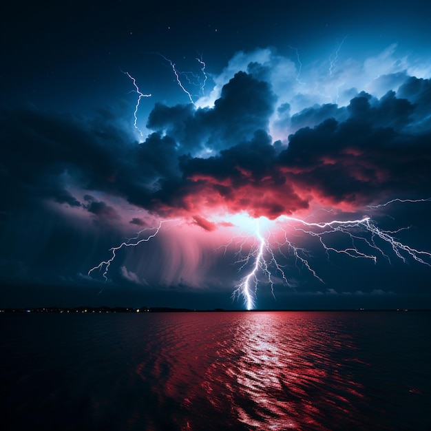 Si vede un fulmine sull'acqua e il cielo è scuro e la foto è stata scattata in una sera d'estate.