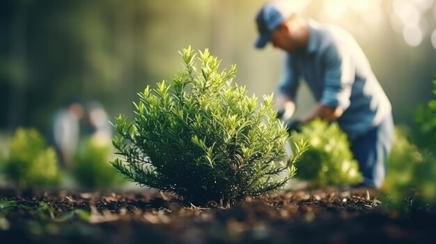 Si vede un uomo che si prende cura di un piccolo albero