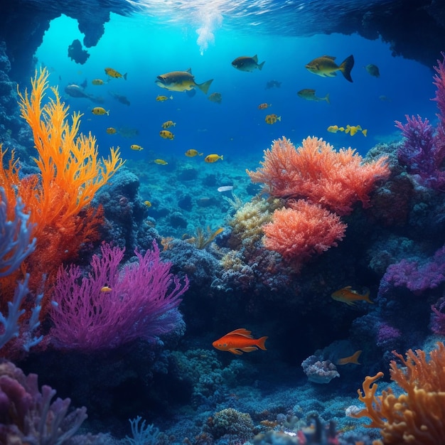 Si vede un vulcano sottomarino attivo con pesci e altre creature intorno e alghe colorate