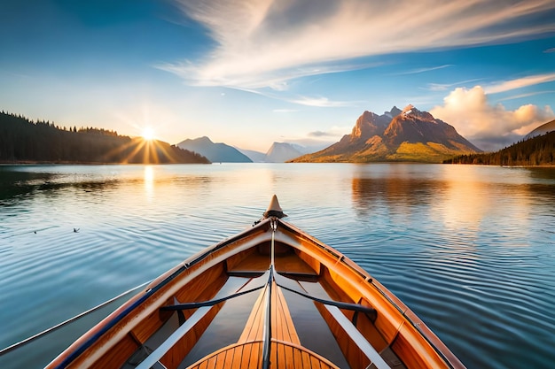 Si vede una canoa su un lago con le montagne sullo sfondo.